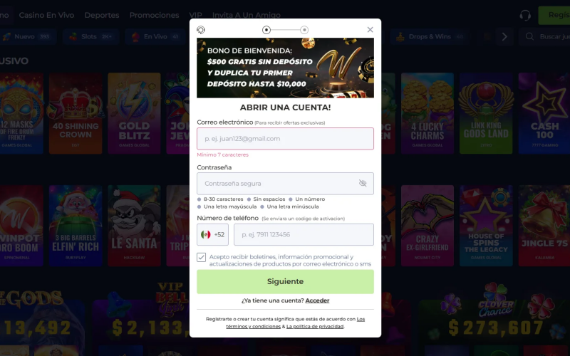 Registro del casino Winpot – formulario de inscripción